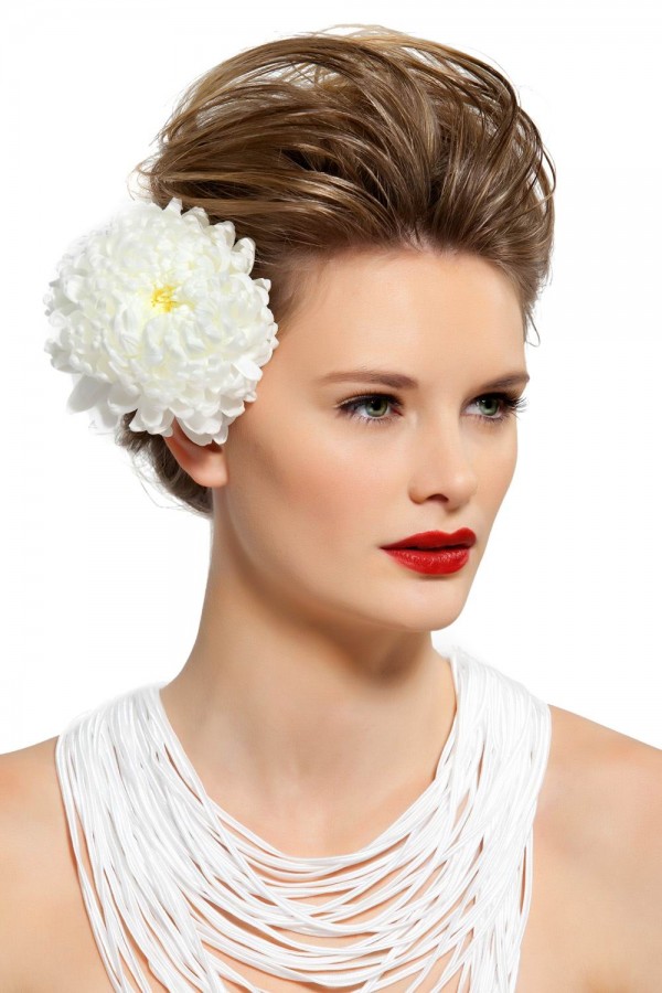 Model wearing bold red lipstick from the Bella Vi certified organic cosmetics range